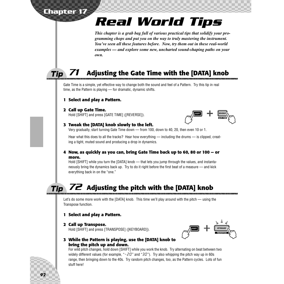 Chapter 17 real world tips, Tip 72 adjusting the pitch with the [data] knob, Chapter 17 | Real world tips, Tip 71, Adjusting the gate time with the [data] knob, Tip 72, Adjusting the pitch with the [data] knob | Yamaha AN200 User Manual | Page 92 / 147