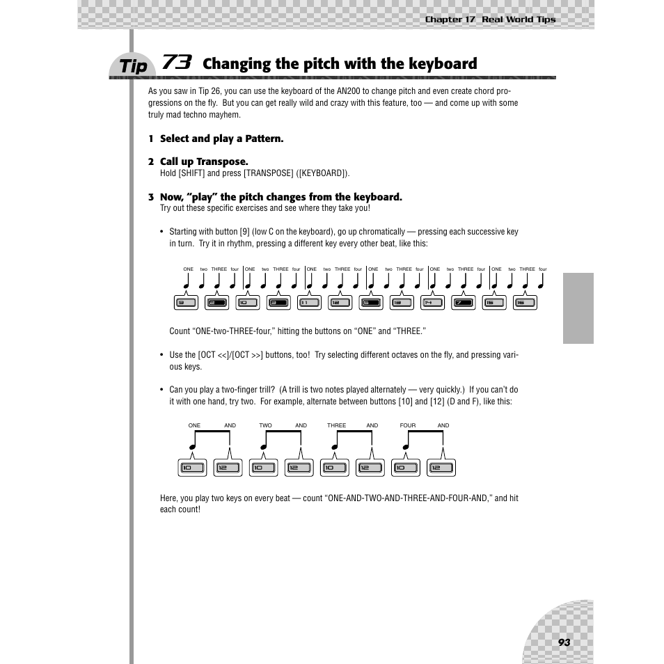 Tip 73 changing the pitch with the keyboard, Tip 73, Changing the pitch with the keyboard | 1 select and play a pattern. 2 call up transpose, 3 now, “play” the pitch changes from the keyboard | Yamaha AN200 User Manual | Page 93 / 147