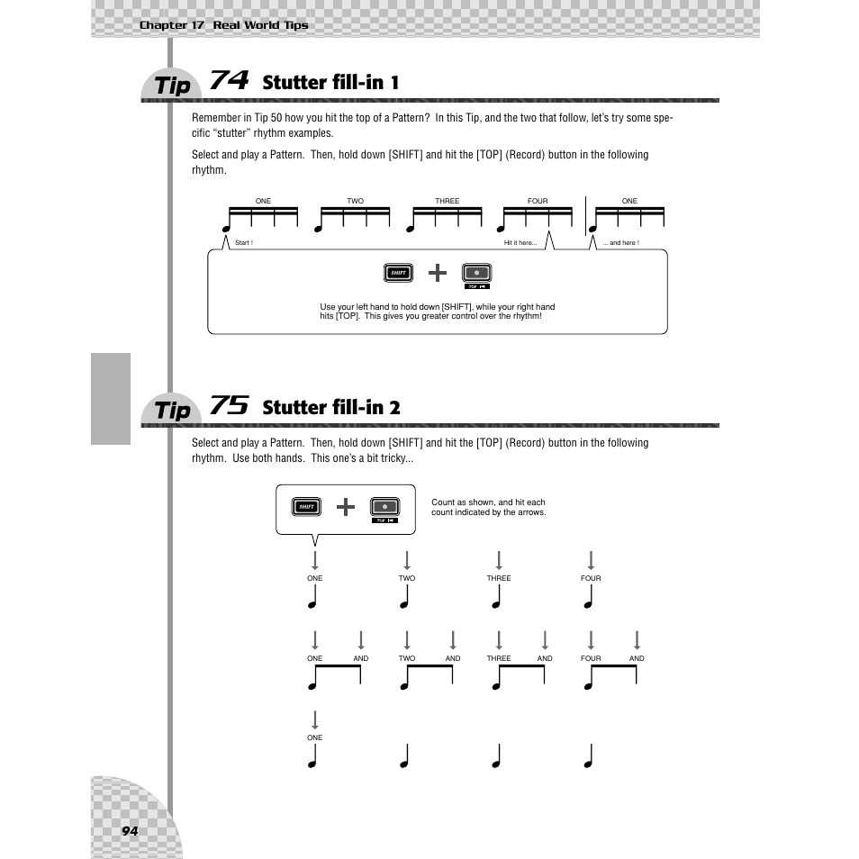 Tip 74 stutter fill-in 1, Tip 75 stutter fill-in 2, Tip 74 | Stutter fill-in 1, Tip 75, Stutter fill-in 2 | Yamaha AN200 User Manual | Page 94 / 147