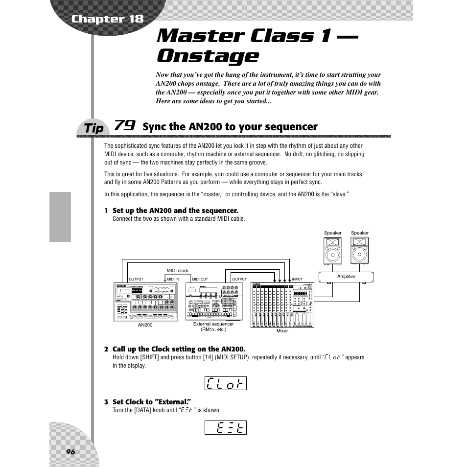 Chapter 18 master class 1 — onstage, Tip 79 sync the an200 to your sequencer, Chapter 18 | Master class 1 — onstage, Tip 79, Sync the an200 to your sequencer | Yamaha AN200 User Manual | Page 96 / 147