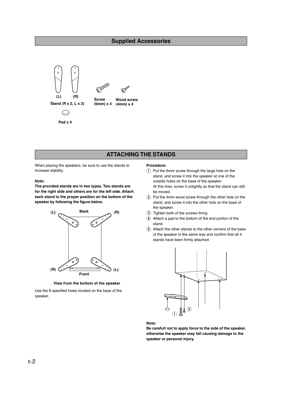 Supplied accessories, Attaching the stands, 2attaching the stands | Yamaha NS-325F User Manual | Page 2 / 4