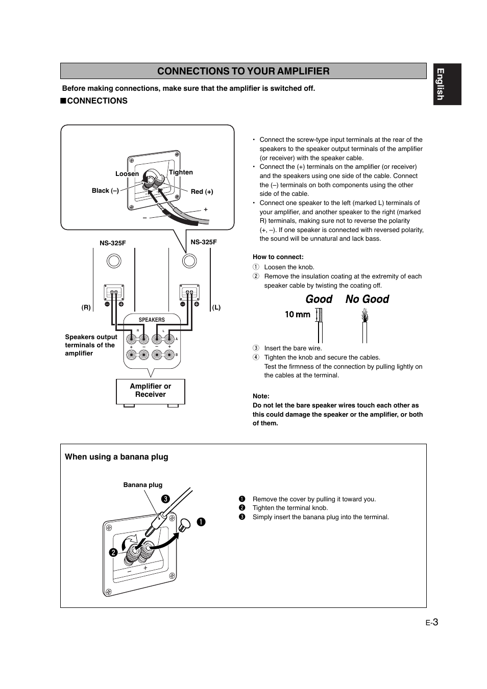 Connections to your amplifier, English, Connections | When using a banana plug | Yamaha NS-325F User Manual | Page 3 / 4