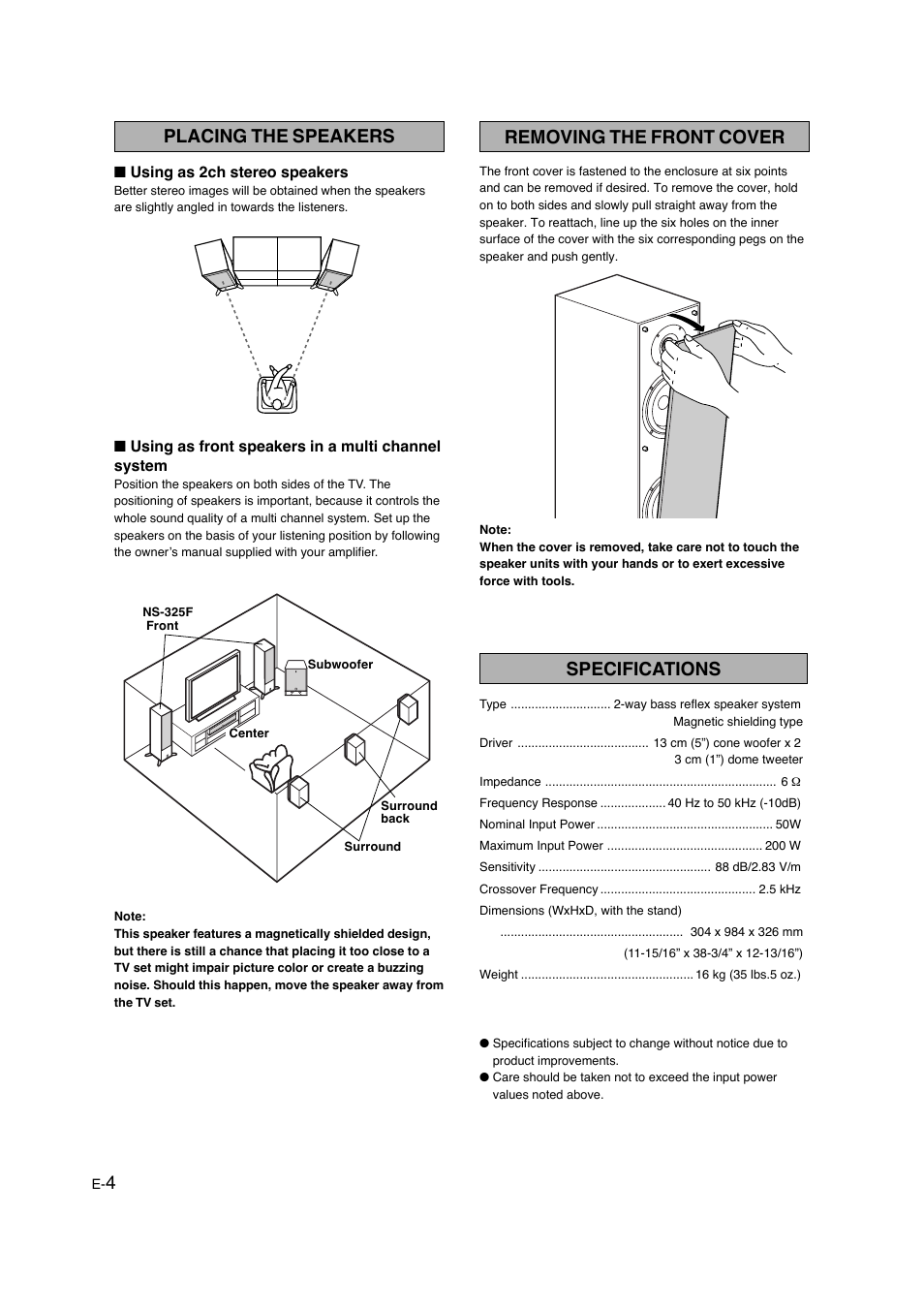 Placing the speakers, Removing the front cover, Specifications | Yamaha NS-325F User Manual | Page 4 / 4