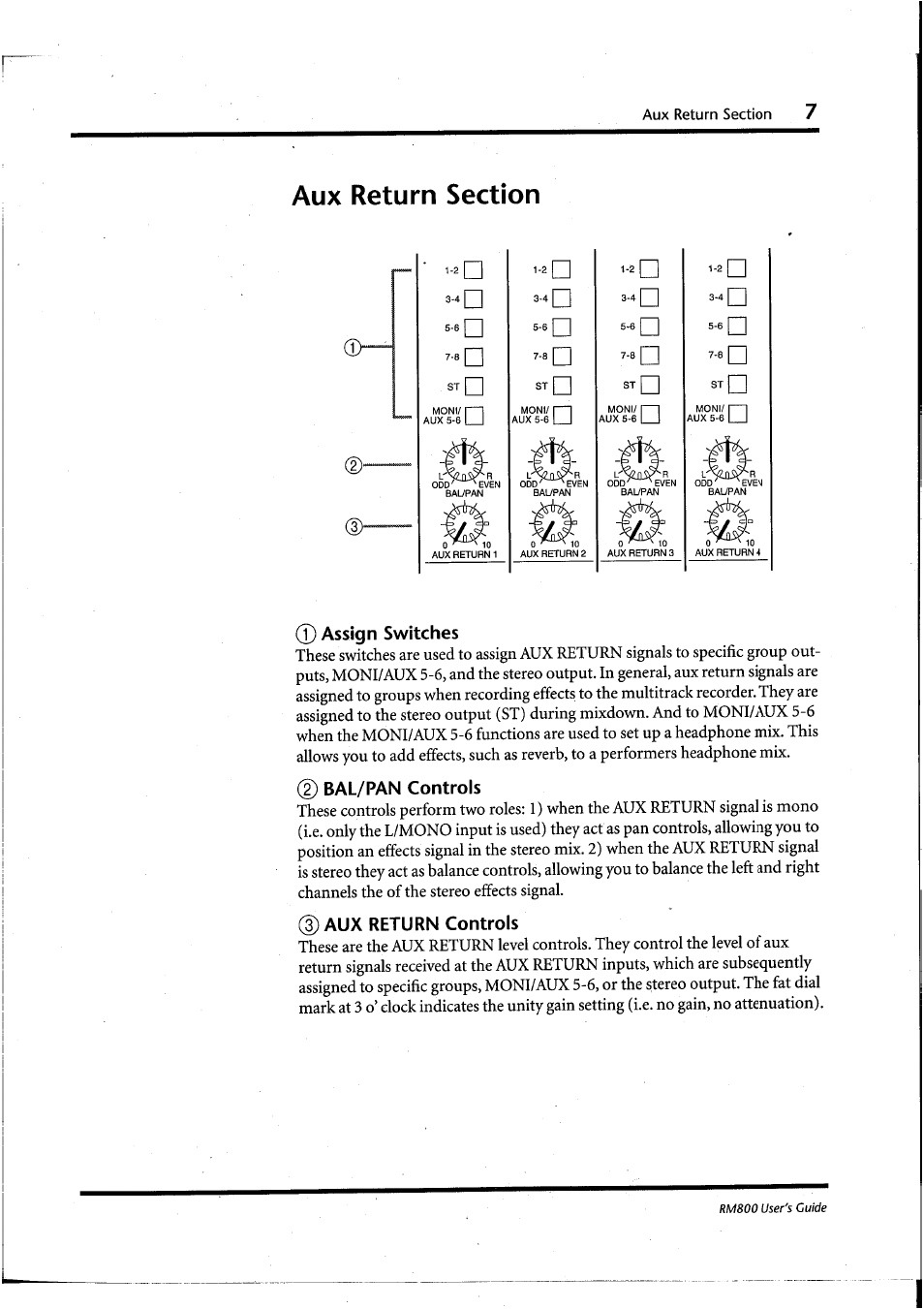 Aux return section, 0 assign switches, 2) bal/pan controls | 3) aux return controls | Yamaha RM800 User Manual | Page 10 / 163