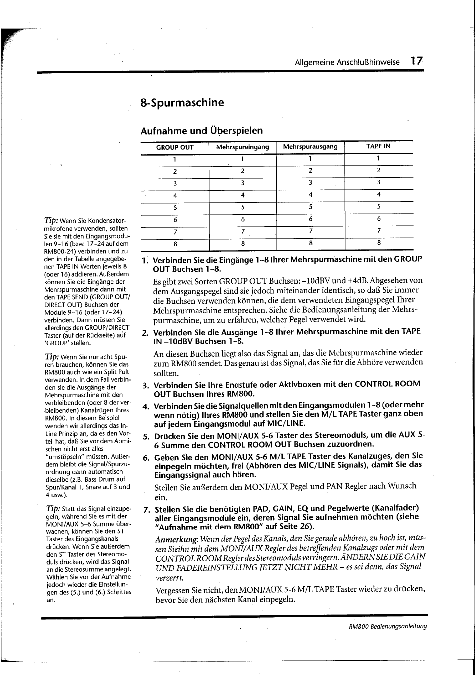 Spurmaschine, Aufnahme und überspielen | Yamaha RM800 User Manual | Page 100 / 163