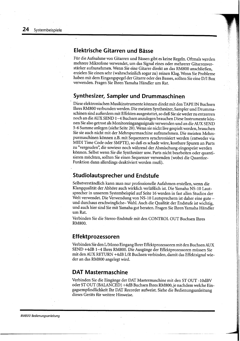 Elektrische gitarren und bässe, Synthesizer, sampler und drummaschinen, Studiolautsprecher und endstufe | Eff ektp rozesso re n, Dat mastermaschine | Yamaha RM800 User Manual | Page 107 / 163