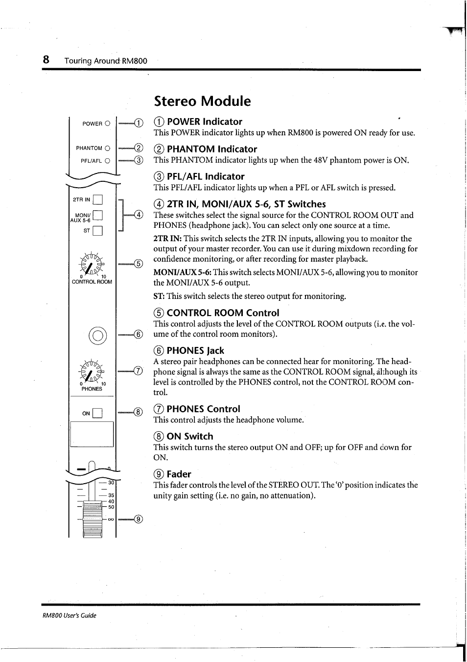 Stereo module, 0 power indicator, 0 phantom indicator | 0 pfl/afl indicator, 0 2tr in, moni/aux 5-6, st switches, 0 control room control, Phones jack, 0 phones control, 0 on switch, 0 fader | Yamaha RM800 User Manual | Page 11 / 163