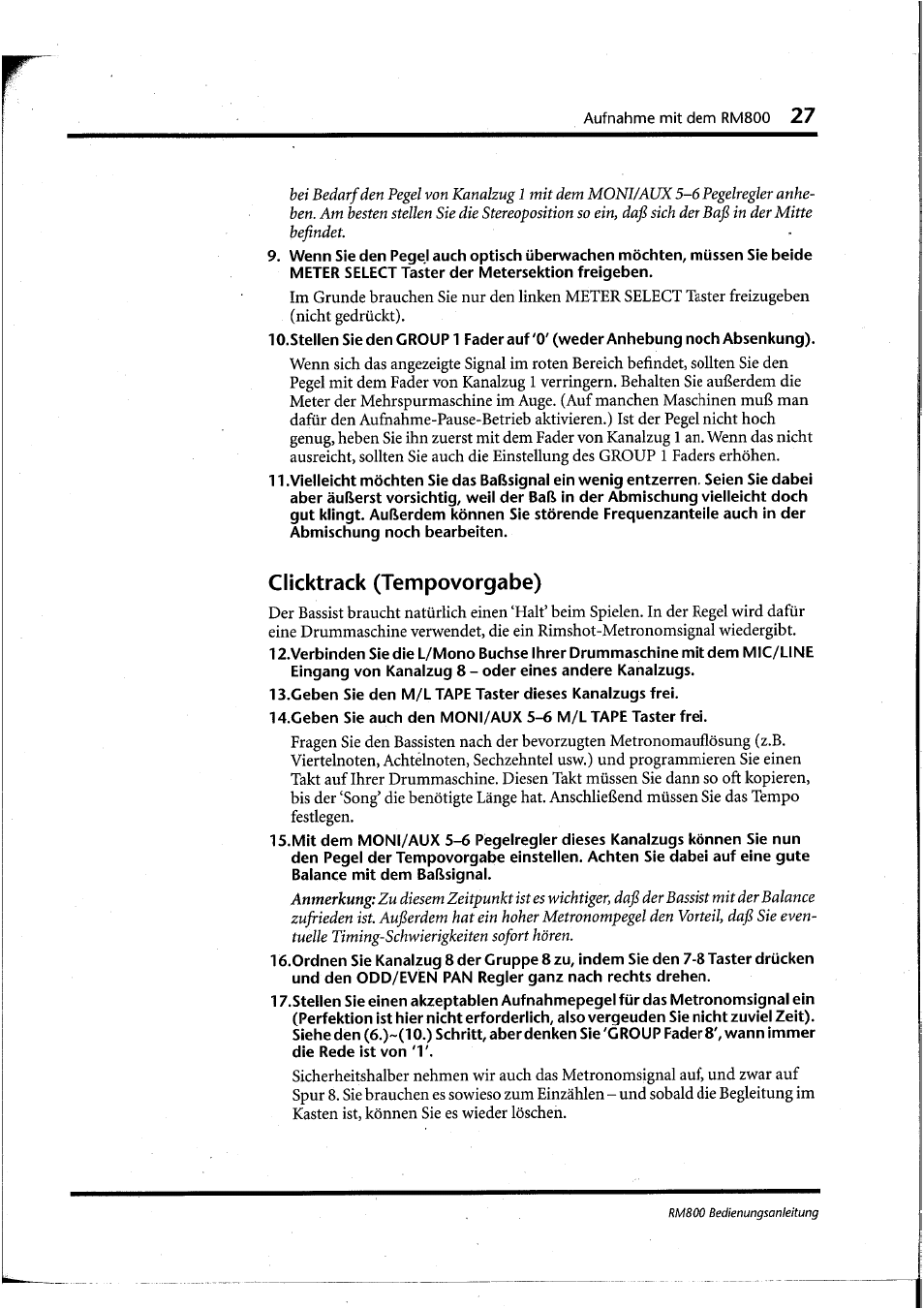 Clicktrack (tempovorgabe) | Yamaha RM800 User Manual | Page 110 / 163