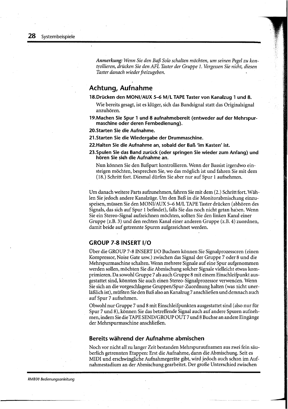 Achtung, aufnahme, Starten sie die aufnahme, 21 .starten sie die wiedergabe der drummaschine | Group 7-8 insert i/o, Bereits während der aufnahme abmischen | Yamaha RM800 User Manual | Page 111 / 163