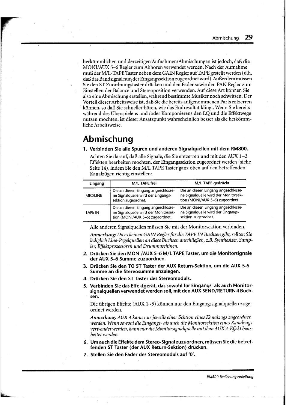 Abmischung, Drücken sie den st taster des stereomoduls, Stellen sie den fader des stereomoduls auf '0 | Yamaha RM800 User Manual | Page 112 / 163