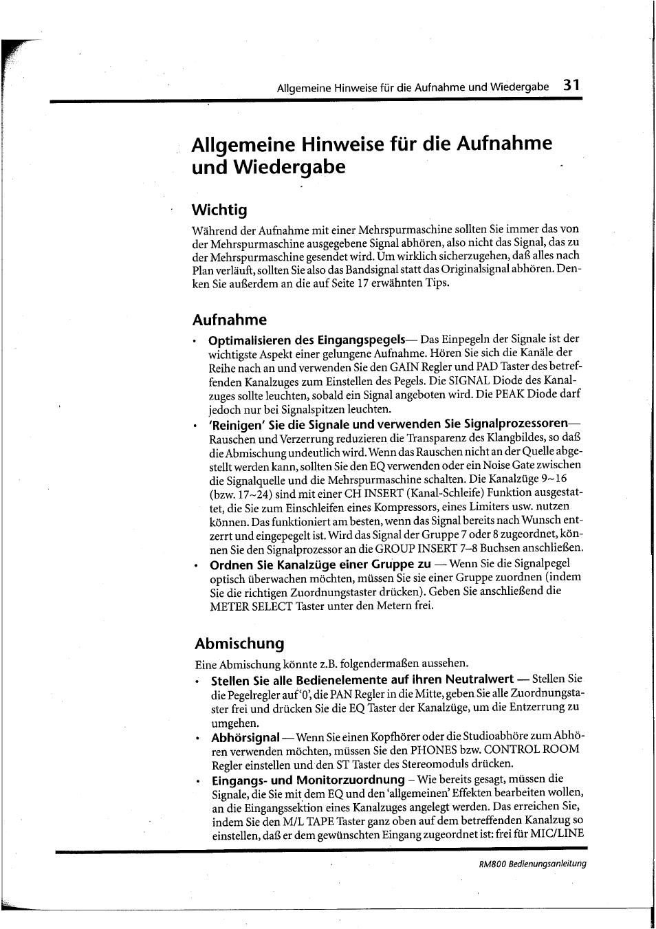 Wichtig, Aufnahme, Abmischung | Yamaha RM800 User Manual | Page 114 / 163