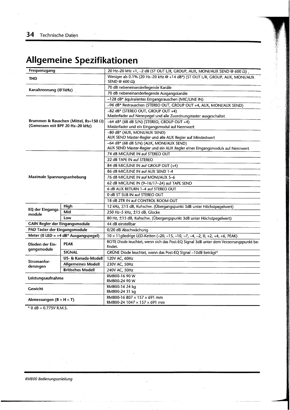 Allgemeine spezifikationen, Technische daten | Yamaha RM800 User Manual | Page 117 / 163