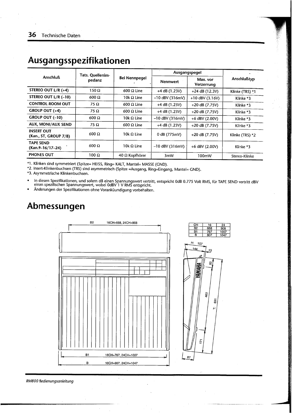 Ausgangsspezifikationen, Abmessungen, Ausgangsspezifikationen abmessungen | Technische daten | Yamaha RM800 User Manual | Page 119 / 163