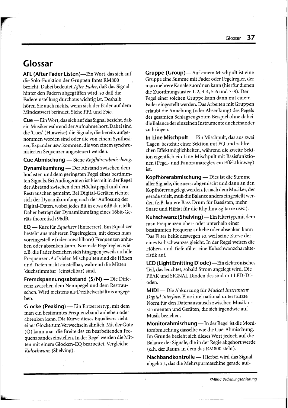 Glossar, Glossary | Yamaha RM800 User Manual | Page 120 / 163