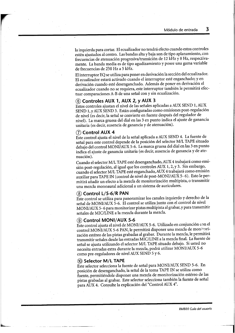 D controles aux 1, aux 2, y aux 3, 7) control aux 4, D control l/5-6/r pan | D control moni/aux 5-6, Selector m/l tape | Yamaha RM800 User Manual | Page 126 / 163