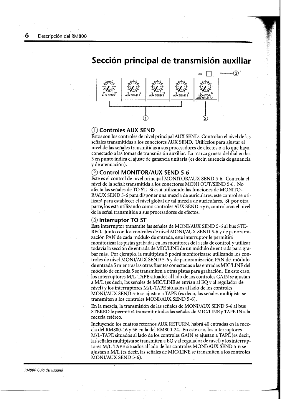 Sección principal de transmisión auxiliar, D controles aux send, D control monitor/aux send 5-6 | 3) interruptor to st | Yamaha RM800 User Manual | Page 129 / 163