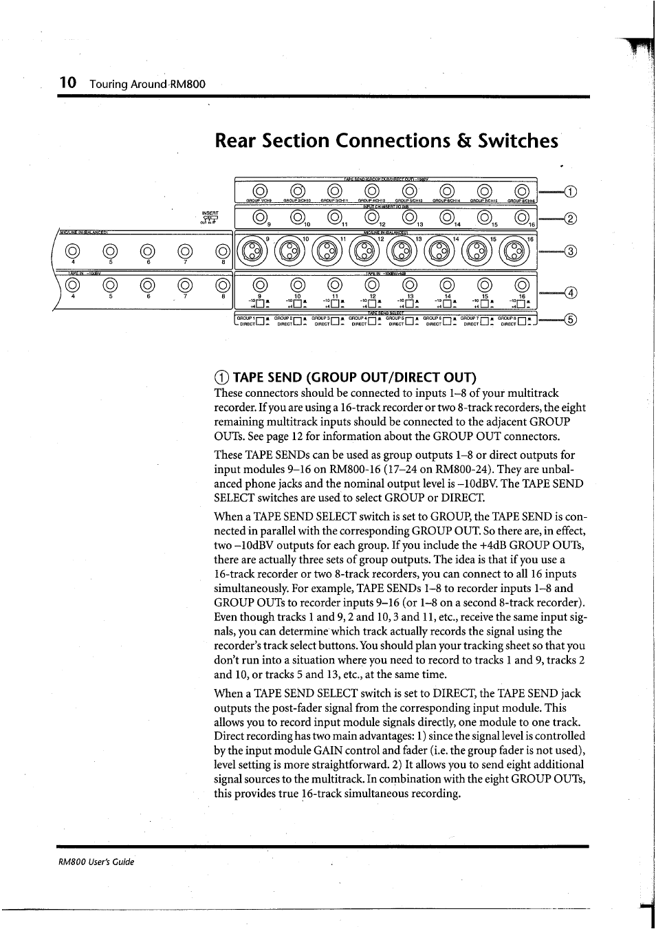 Rear section connections & switches, Tape send (group out/direct out), Rear section connections 8c switches | 1 © © ( q ) | Yamaha RM800 User Manual | Page 13 / 163