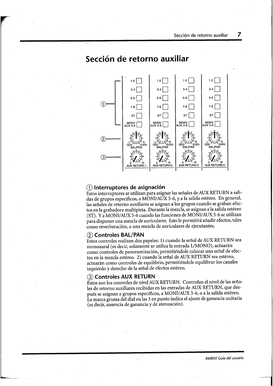 Sección de retorno auxiliar, Interruptores de asignación, Controles bal/pan | Controles aux return | Yamaha RM800 User Manual | Page 130 / 163