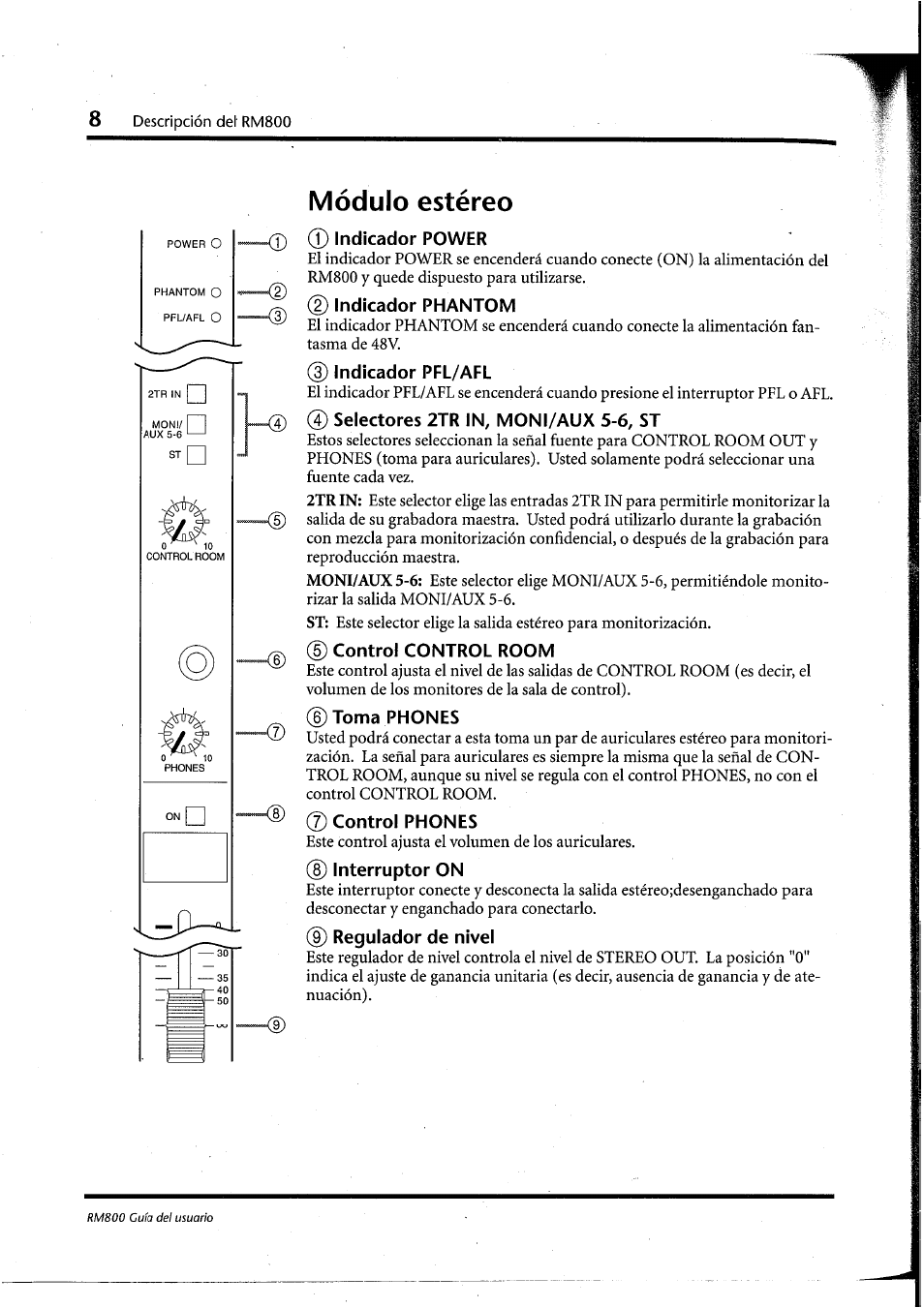 Módulo estéreo, T) indicador power, 2) indicador phantom | Indicador pfl/afl, 4) selectores 2tr in, moni/aux 5-6, st, D control control room, Dtoma phones, 7) control phones, D interruptor on, 9) regulador de nivel | Yamaha RM800 User Manual | Page 131 / 163