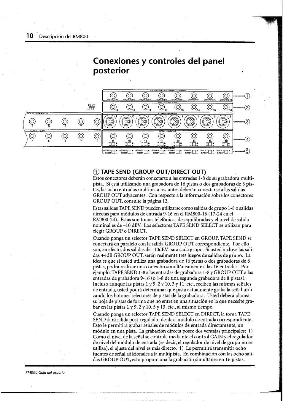 Conexiones y controles del panel posterior, G) tape send (group out/direct out), Descripción del rm800 | O) (o) | Yamaha RM800 User Manual | Page 133 / 163