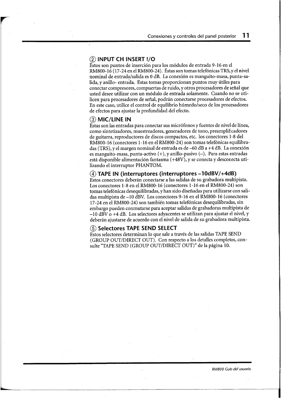 Input ch inseri !/0, Mic/line in, D selectores tape send select | Yamaha RM800 User Manual | Page 134 / 163