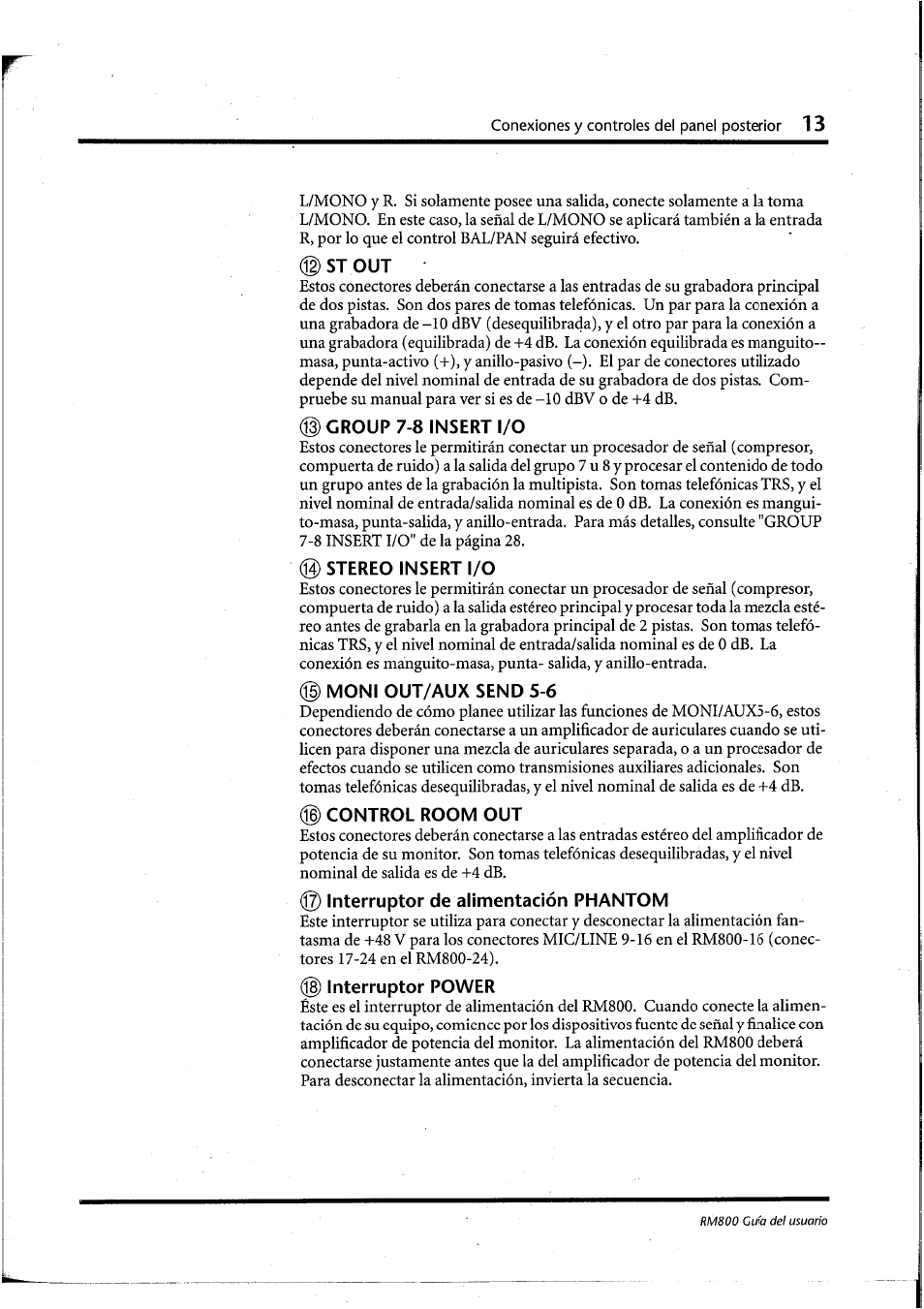 Stout, Group 7-8 insert i/o, Stereo insert i/o | Moni out/aux send 5-6, Control room out, Interruptor de alimentación phantom, Interruptor power | Yamaha RM800 User Manual | Page 136 / 163