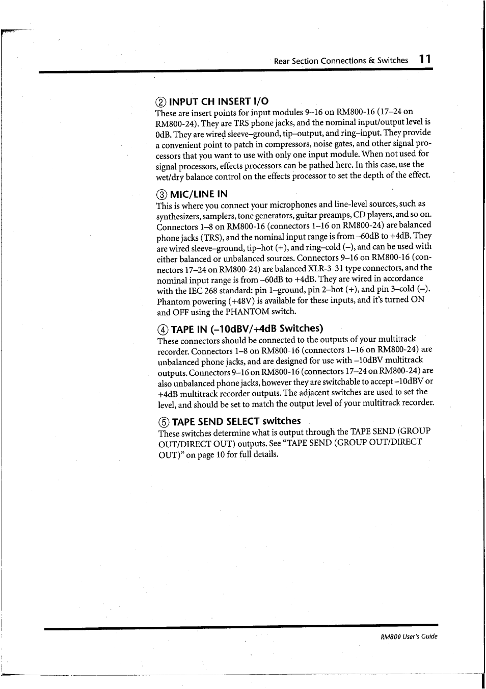 D input ch insert i/o, 3) mic/line in, Tape in (-10dbv/+4db switches) | D tape send select switches | Yamaha RM800 User Manual | Page 14 / 163