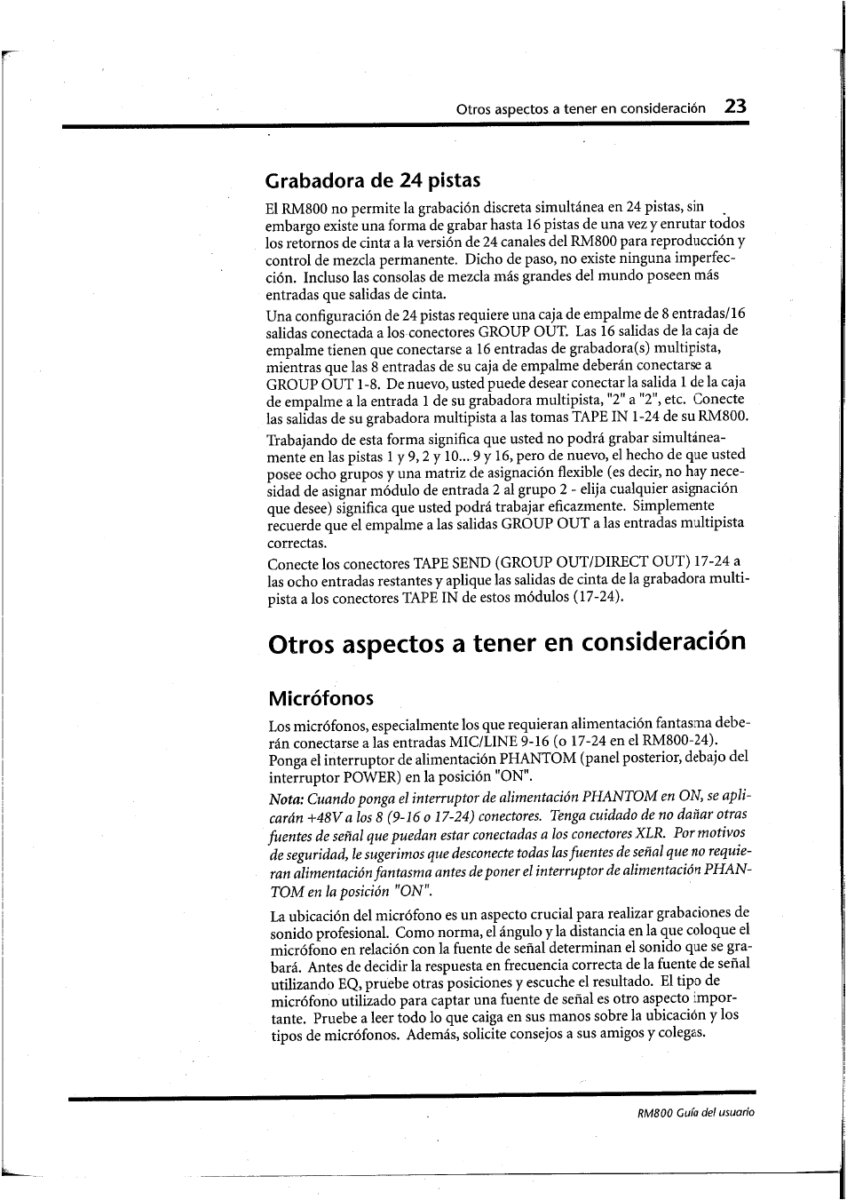 Grabadora de 24 pistas, Otros aspectos a tener en consideración, Micrófonos | Yamaha RM800 User Manual | Page 146 / 163