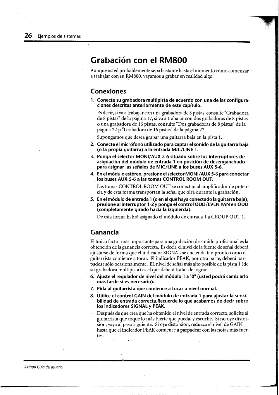 Grabación con el rm800, Conexiones, Ganancia | Yamaha RM800 User Manual | Page 149 / 163