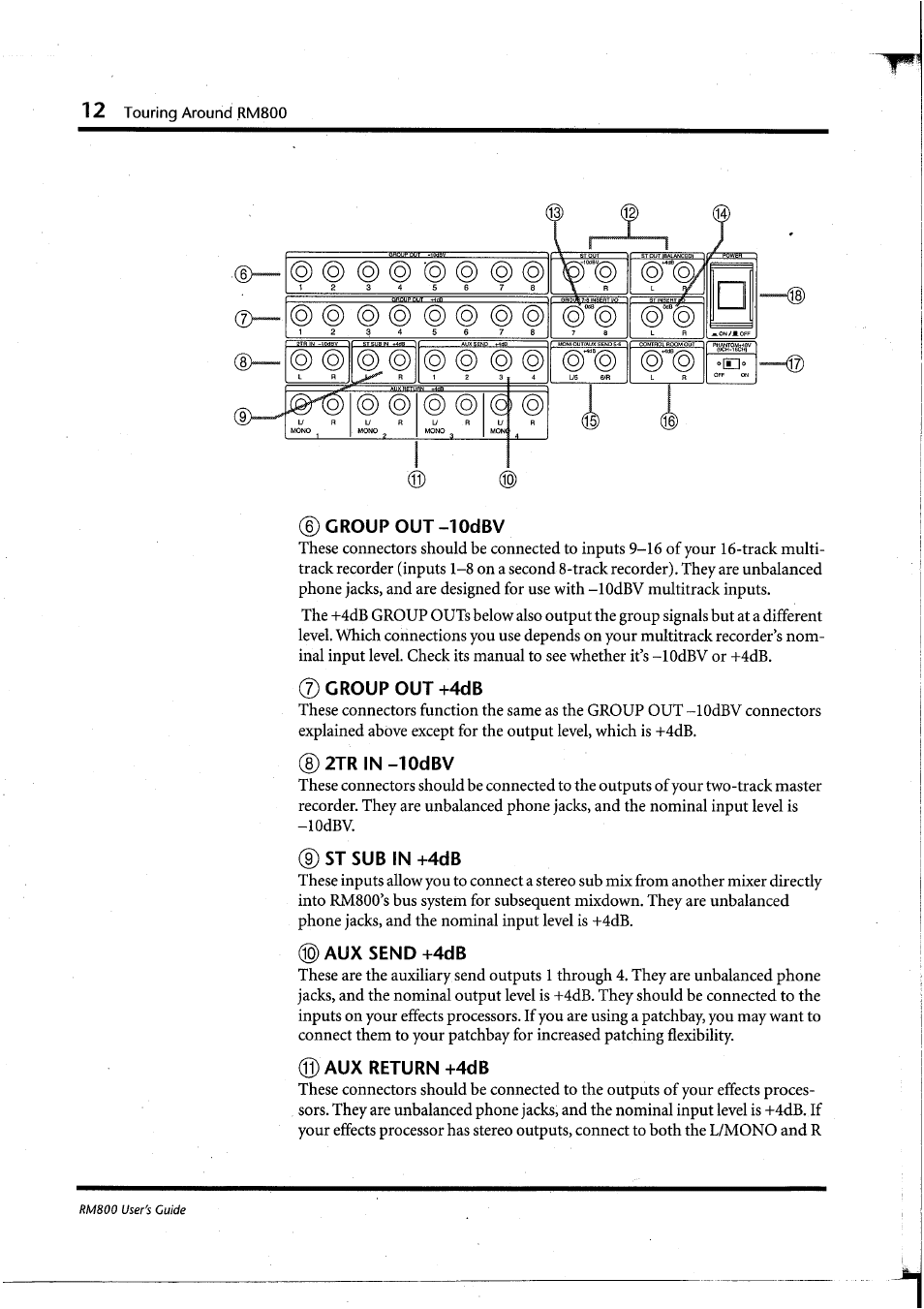 6)groupout-10dbv, Group out +4db, 8) 2tr in-lodbv | D st sub in +4db, Aux send -i-4db, Aux return +4db | Yamaha RM800 User Manual | Page 15 / 163