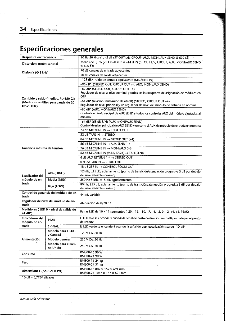 Especificaciones generales, Especificaciones | Yamaha RM800 User Manual | Page 157 / 163