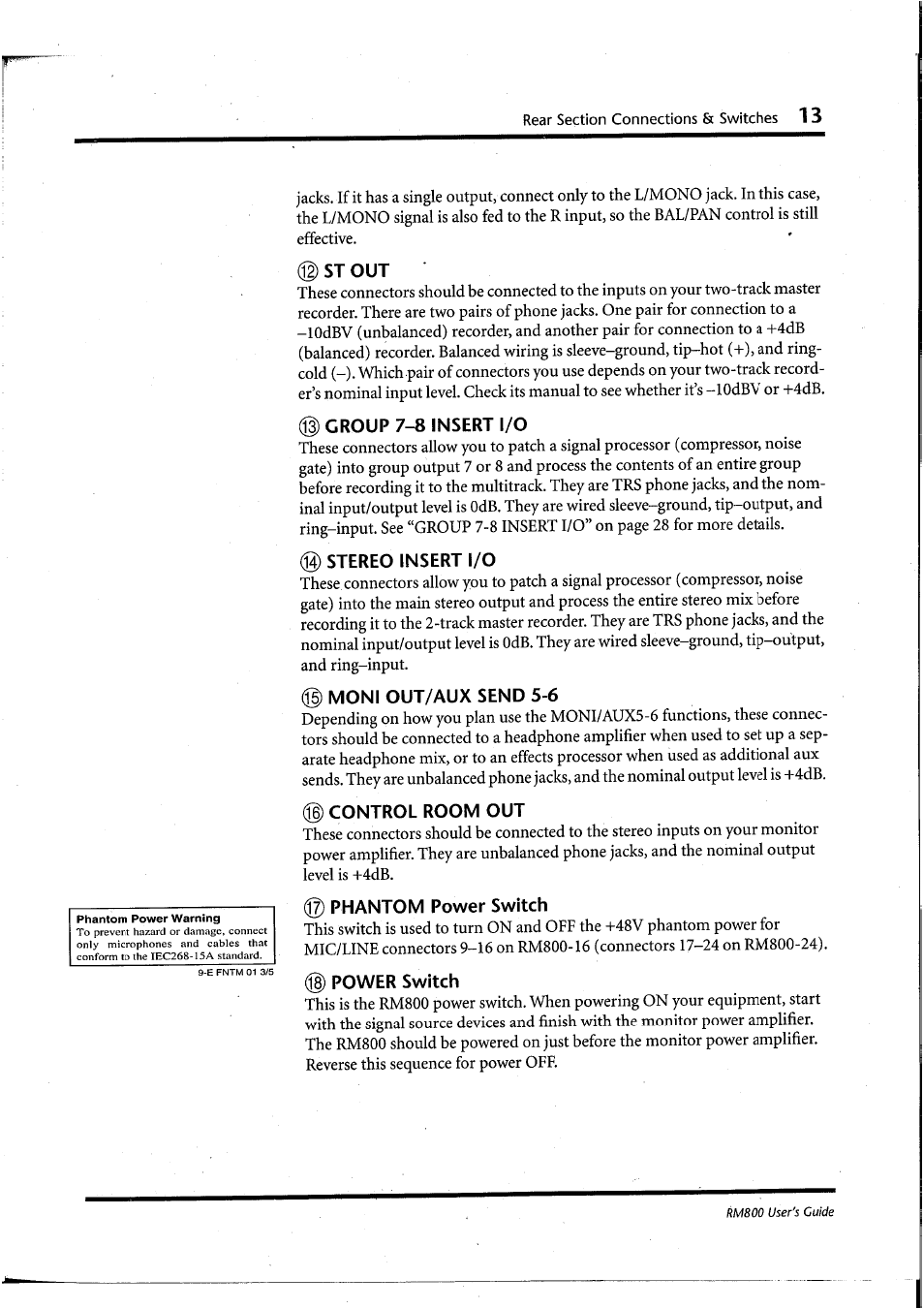 3d st out, 3d group 7-8 insert i/o, G) stereo insert i/o | Moni out/aux send 5-6, Control room out, Phantom power switch, Power switch | Yamaha RM800 User Manual | Page 16 / 163