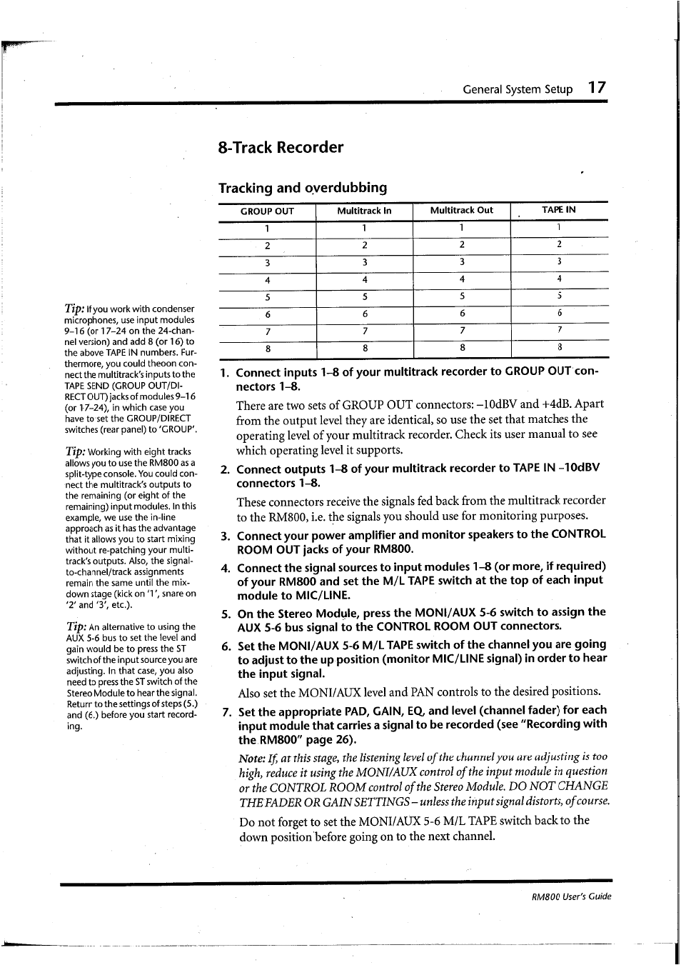 Track recorder, Tracking and overdubbing | Yamaha RM800 User Manual | Page 20 / 163