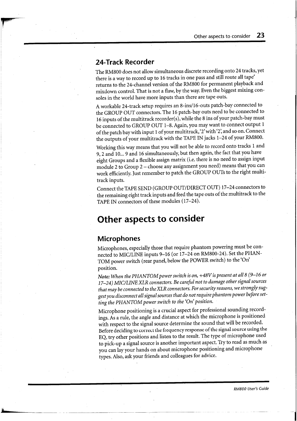 Track recorder, Other aspects to consider, Microphones | Yamaha RM800 User Manual | Page 26 / 163