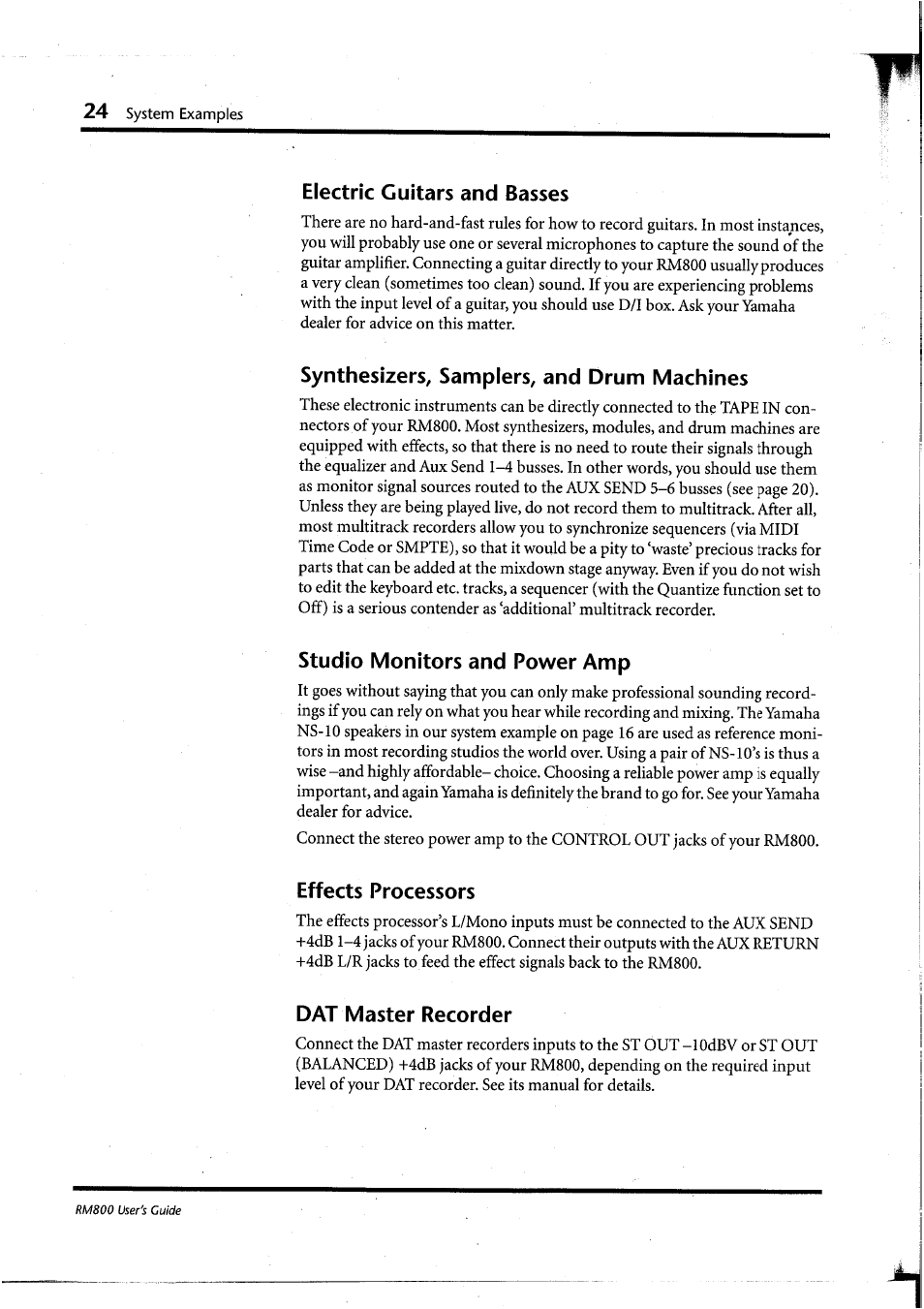 Electric guitars and basses, Synthesizers, samplers, and drum machines, Studio monitors and power amp | Effects processors, Dat master recorder | Yamaha RM800 User Manual | Page 27 / 163
