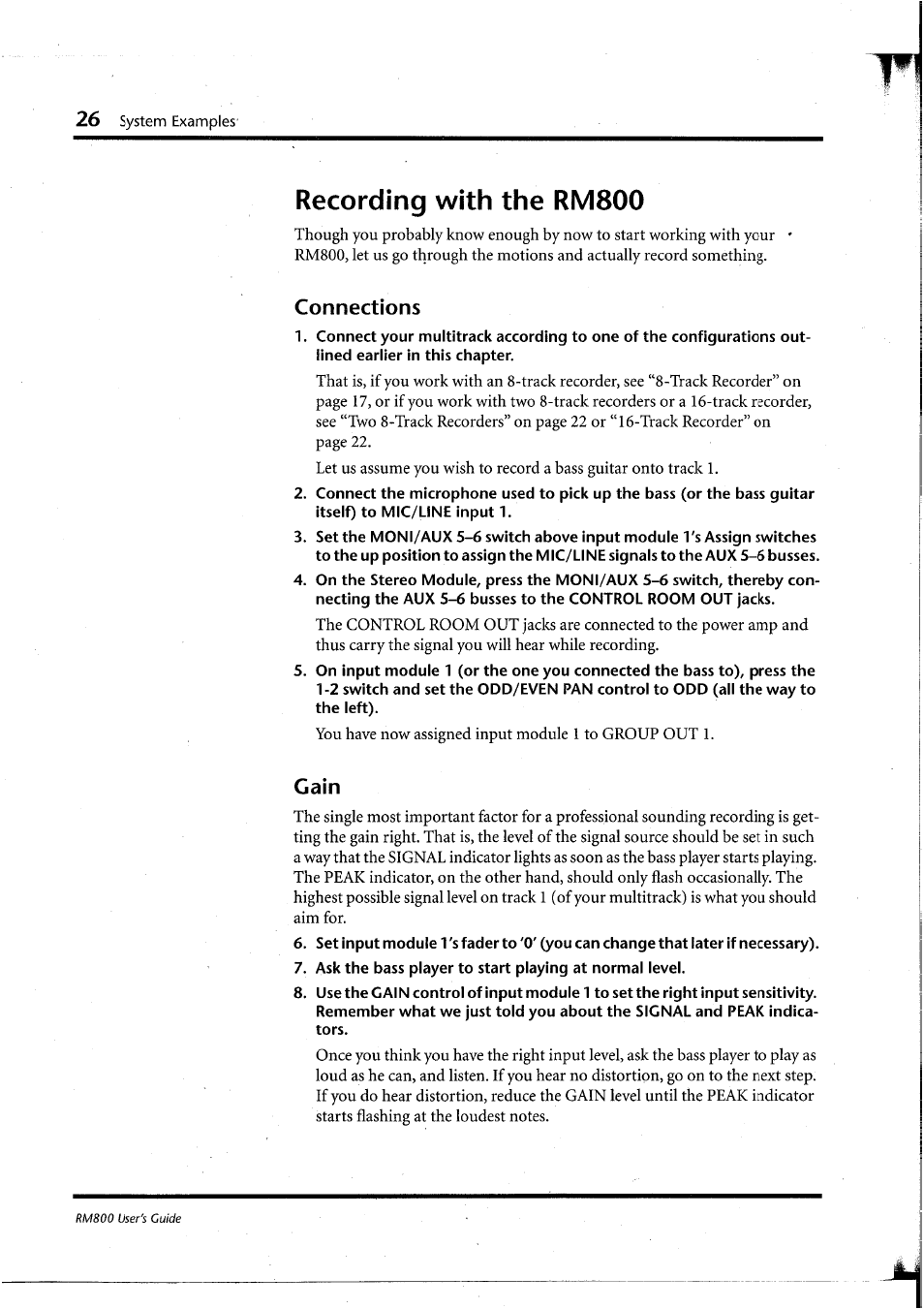 Recording with the rm800, Connections, Gain | Yamaha RM800 User Manual | Page 29 / 163