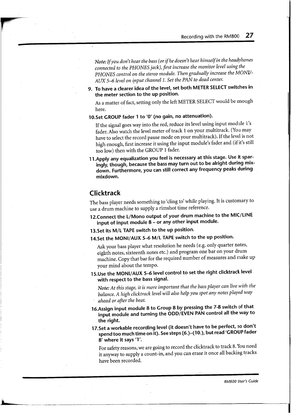 Clicktrack, Set its m/l tape switch to the up position | Yamaha RM800 User Manual | Page 30 / 163