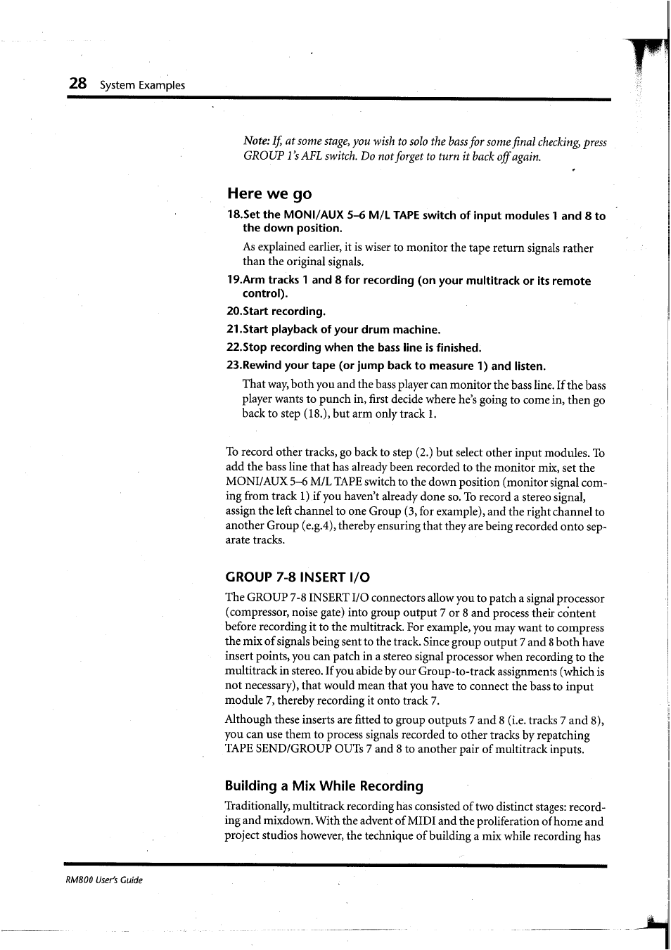 Here we go, Start recording, Start piayback of your drum machine | Stop recording when the bass line is finished, Group 7-8 insert i/o, Building a mix whiie recording | Yamaha RM800 User Manual | Page 31 / 163