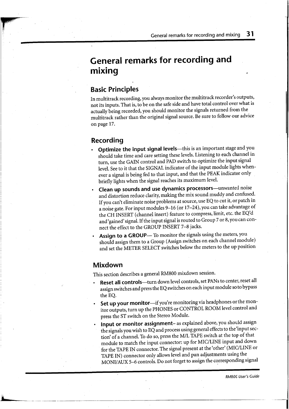 General remarks for recording and mixing, Basic principles, Recording | Mixdown | Yamaha RM800 User Manual | Page 34 / 163