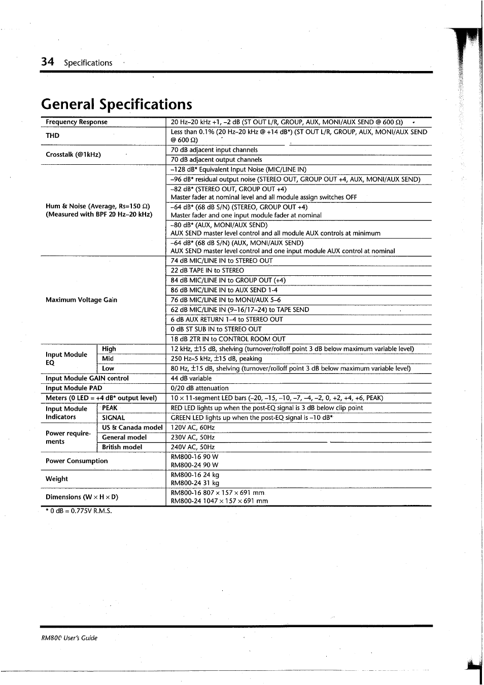 General specifications, Specifications | Yamaha RM800 User Manual | Page 37 / 163