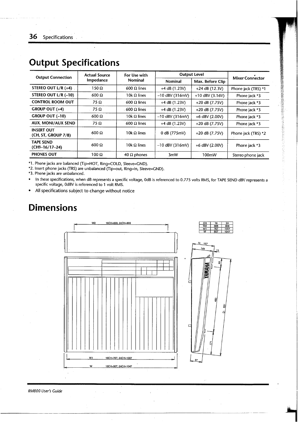 Output specifications, Dimensions, Output specifications dimensions | Specifications | Yamaha RM800 User Manual | Page 39 / 163