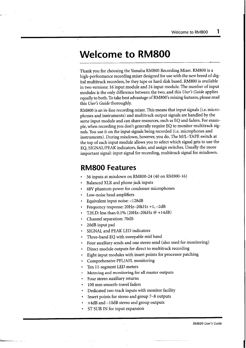 Welcome to rm800, Rm800 features, 1 welcome to rm800 | Yamaha RM800 User Manual | Page 4 / 163