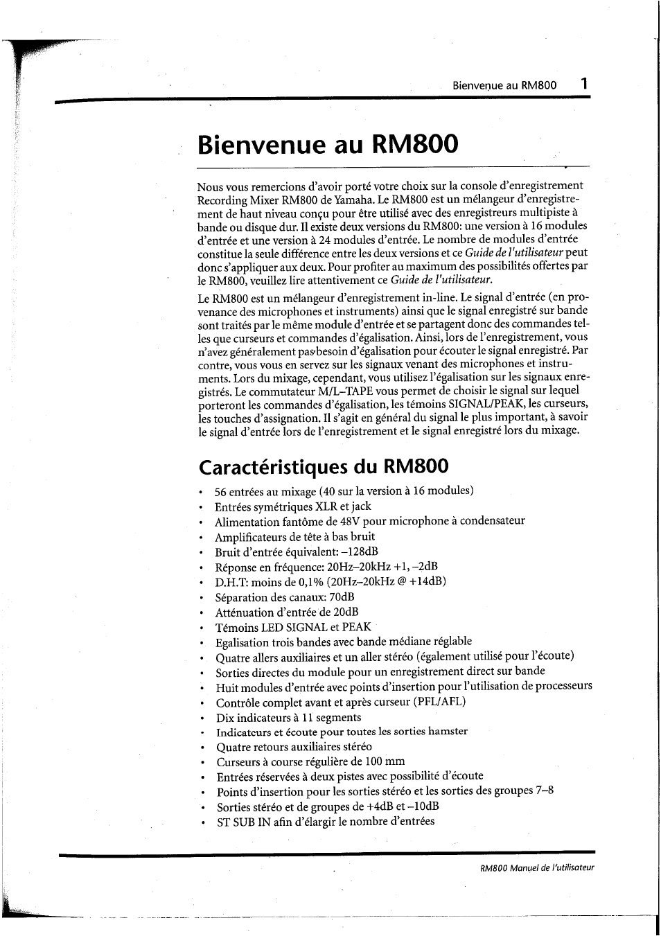 Caractéristiques du rm800 | Yamaha RM800 User Manual | Page 44 / 163