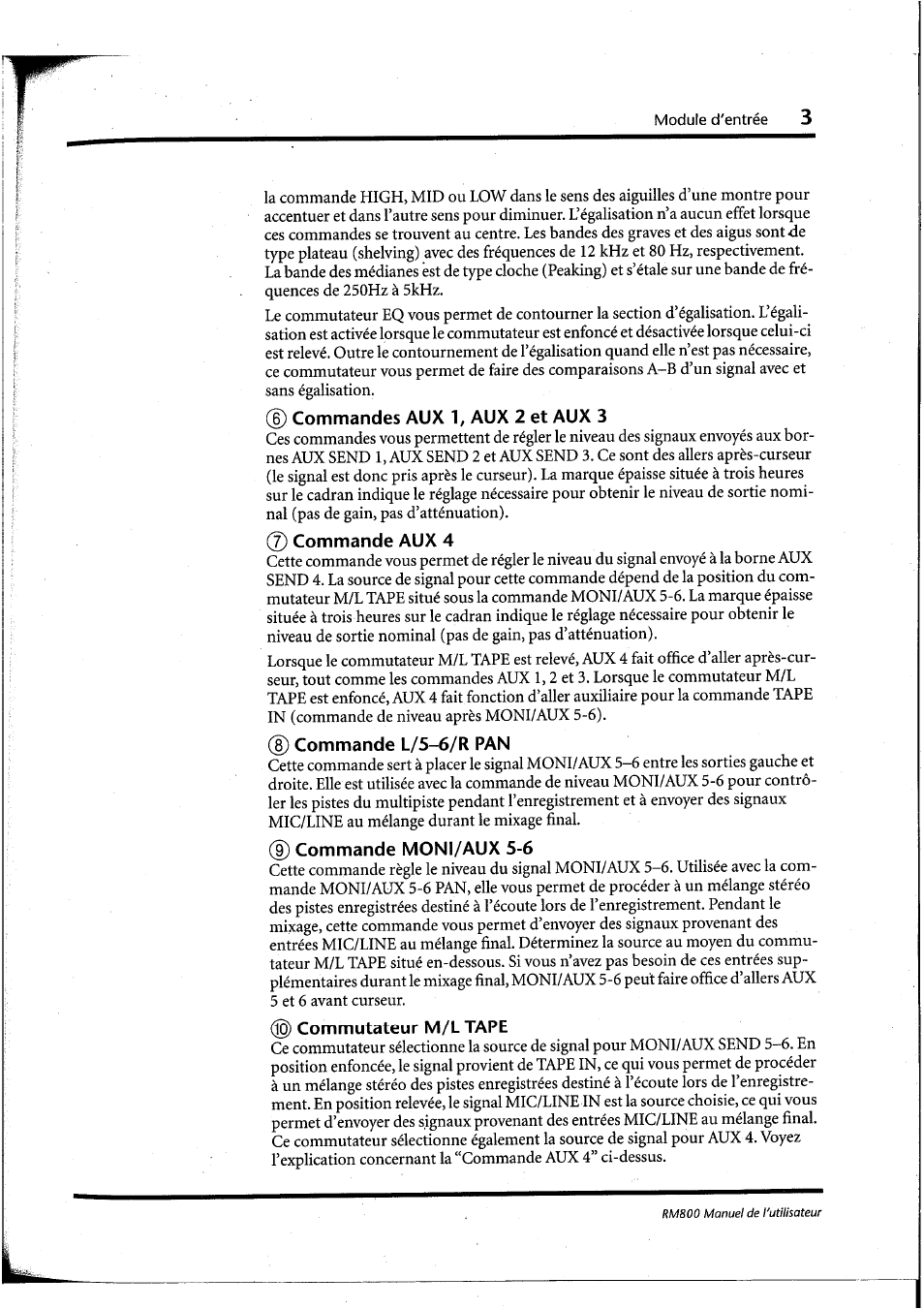 6) commandes aux 1, aux 2 et aux 3, 7) commande aux 4, Commande l/5-6/r pan | 9) commande moni/aux 5-6, I^ commutateur m/l tape | Yamaha RM800 User Manual | Page 46 / 163
