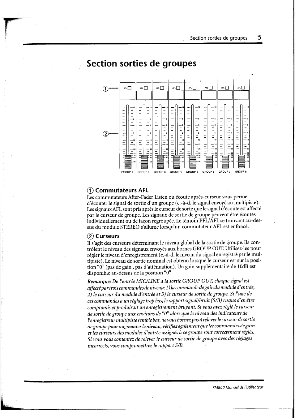 Section sorties de groupes, T) commutateurs afl, G) curseurs | Yamaha RM800 User Manual | Page 48 / 163