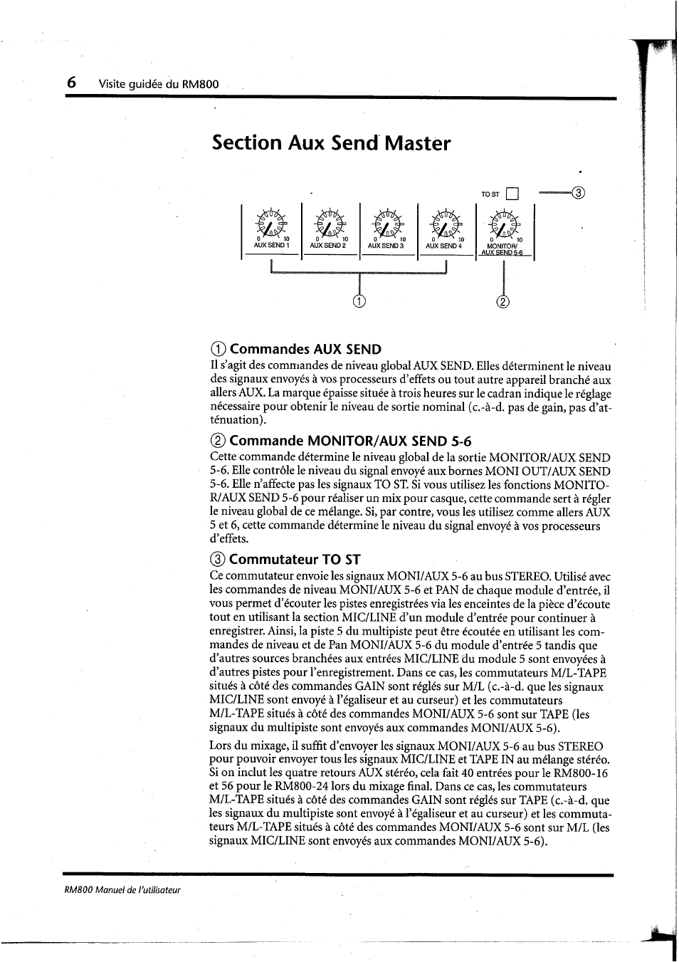 Section aux send master, 0 commandes aux send, D commande monitor/aux send 5-6 | D commutateur to st | Yamaha RM800 User Manual | Page 49 / 163