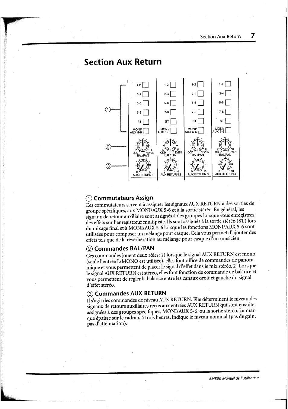 Commutateurs assign, Commandes bal/pan, Commandes aux return | Yamaha RM800 User Manual | Page 50 / 163