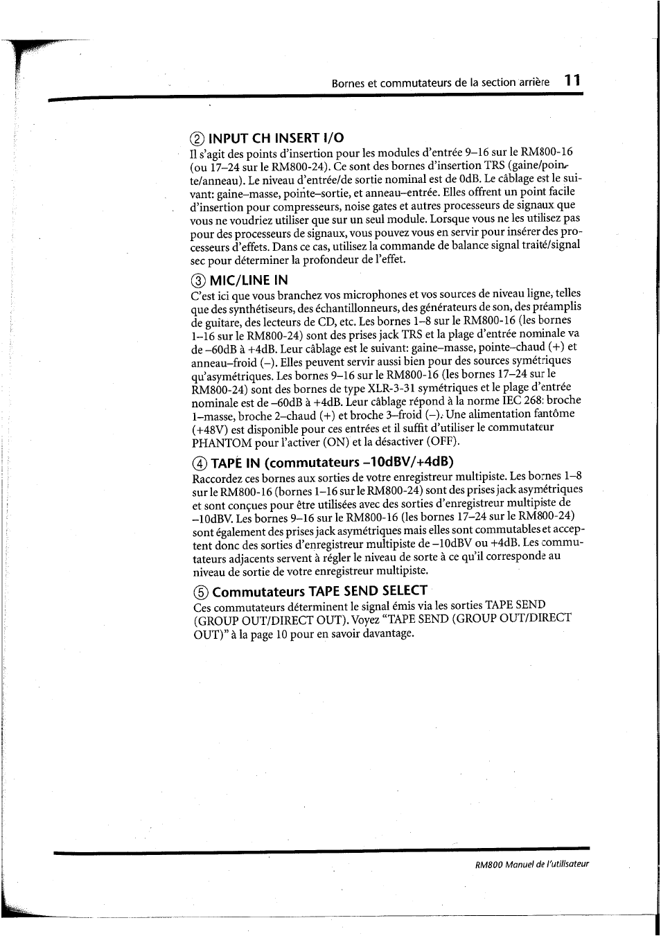 Input ch insert i/o, D mic/line in, 4) tapë in (commutateurs -10dbv/+4db) | Commutateurs tape send select | Yamaha RM800 User Manual | Page 54 / 163