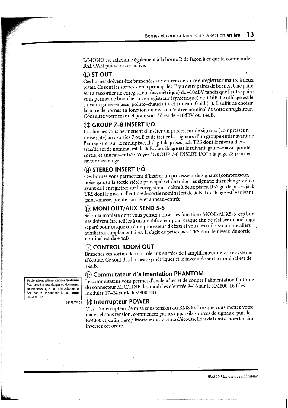 St out, G) group 7-8 insert i/o, G) stereo insert i/o | Moni out/aux send 5-6, G) control room out, Commutateur d'alimentation phantom, G) interrupteur power | Yamaha RM800 User Manual | Page 56 / 163