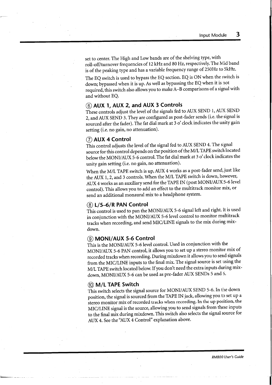 D aux 1, aux 2, and aux 3 controls, 7) aux 4 control, D l/5-6/r pan control | Moni/aux 5-6 control, G) m/l tape switch | Yamaha RM800 User Manual | Page 6 / 163